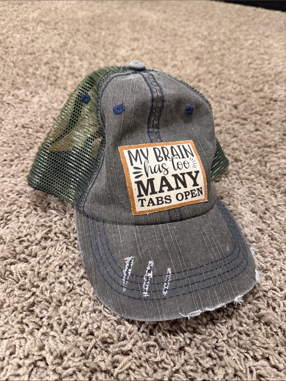 Trucker Hat with 'My Brain Has Too Many Tabs Open' Patch - Olive/Gray